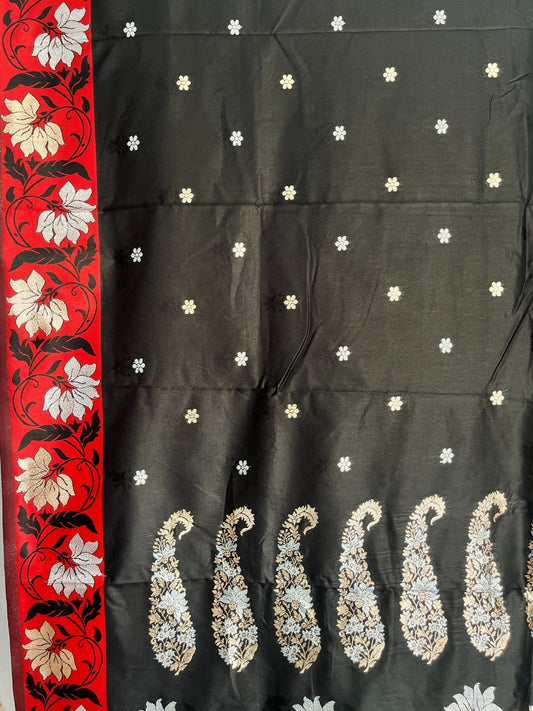Black & Red Mashru Silk Zari Border Self Weaving with Booti/Unstitched Blouse