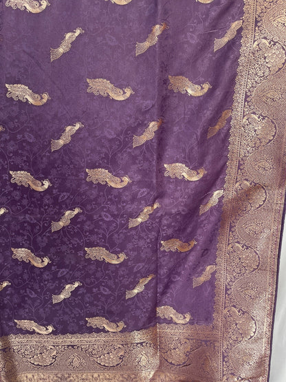 Soft Silk Lavender & Golden Zari Border Self Weaving with Booti/Unstitched Blouse