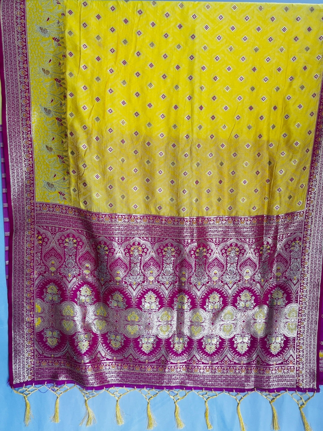 Yellow & Pink Soft Silk Golden Zari Border Swarovski Work Self Weaving with Booti/Unstitched Blouse