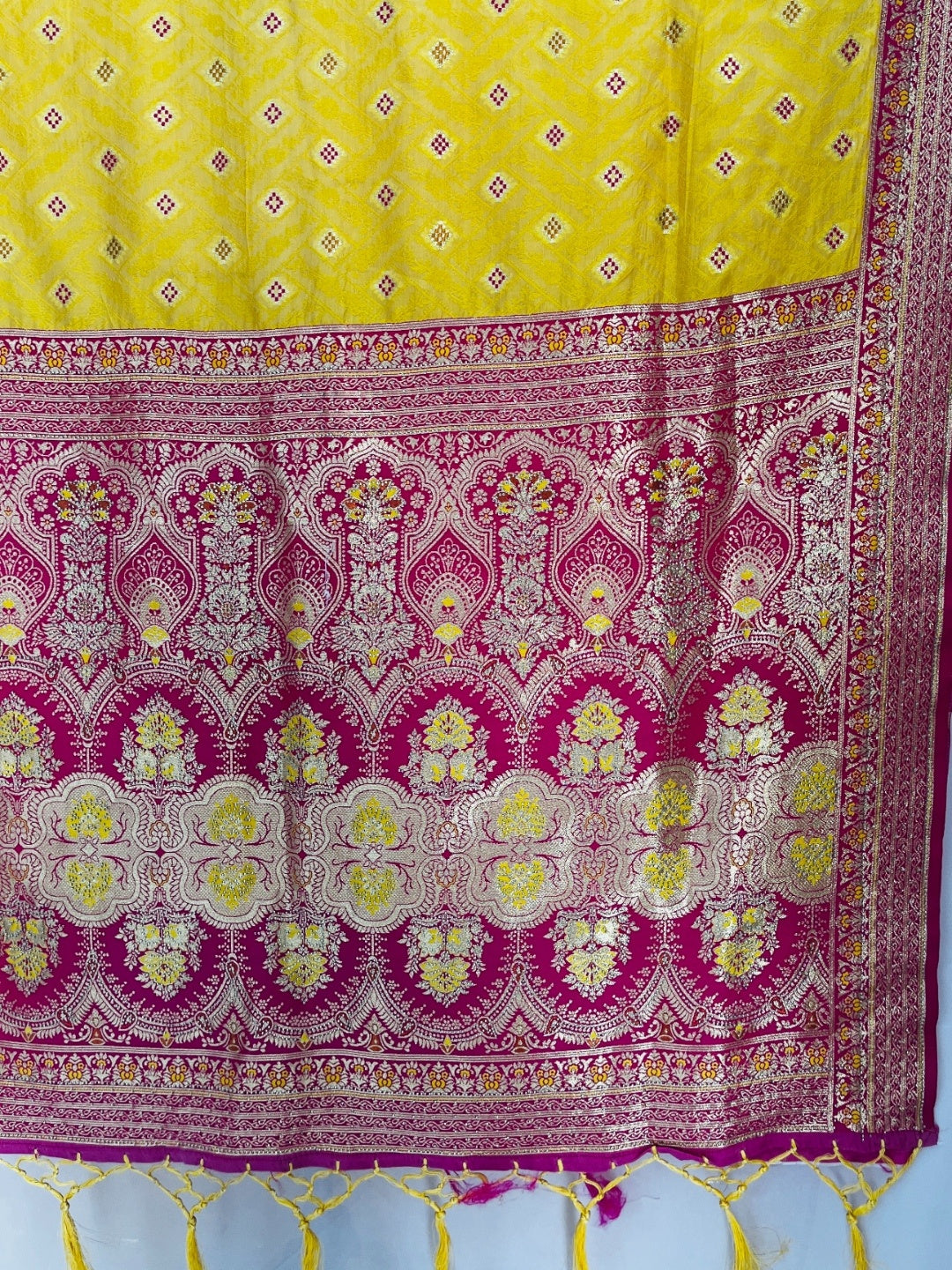 Yellow & Pink Soft Silk Golden Zari Border Swarovski Work Self Weaving with Booti/Unstitched Blouse