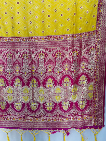 Yellow & Pink Soft Silk Golden Zari Border Swarovski Work Self Weaving with Booti/Unstitched Blouse