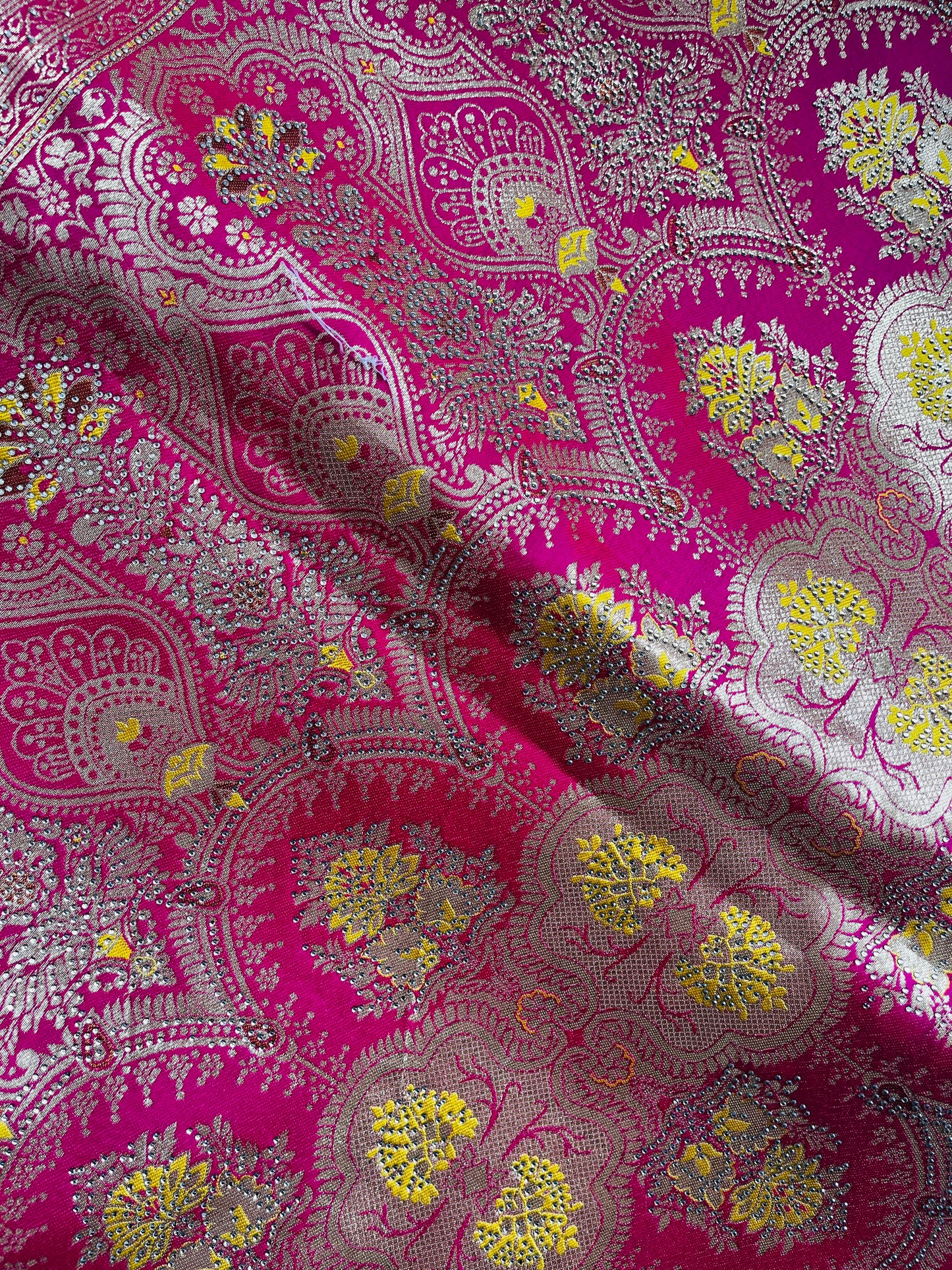 Yellow & Pink Soft Silk Golden Zari Border Swarovski Work Self Weaving with Booti/Unstitched Blouse