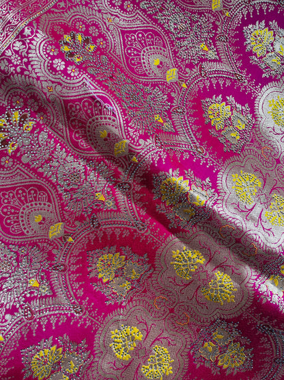 Yellow & Pink Soft Silk Golden Zari Border Swarovski Work Self Weaving with Booti/Unstitched Blouse