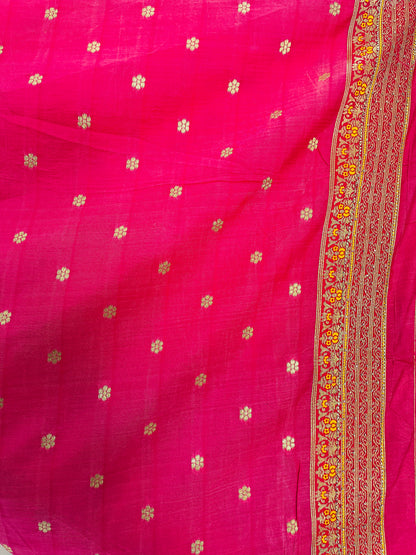 Yellow & Pink Soft Silk Golden Zari Border Swarovski Work Self Weaving with Booti/Unstitched Blouse