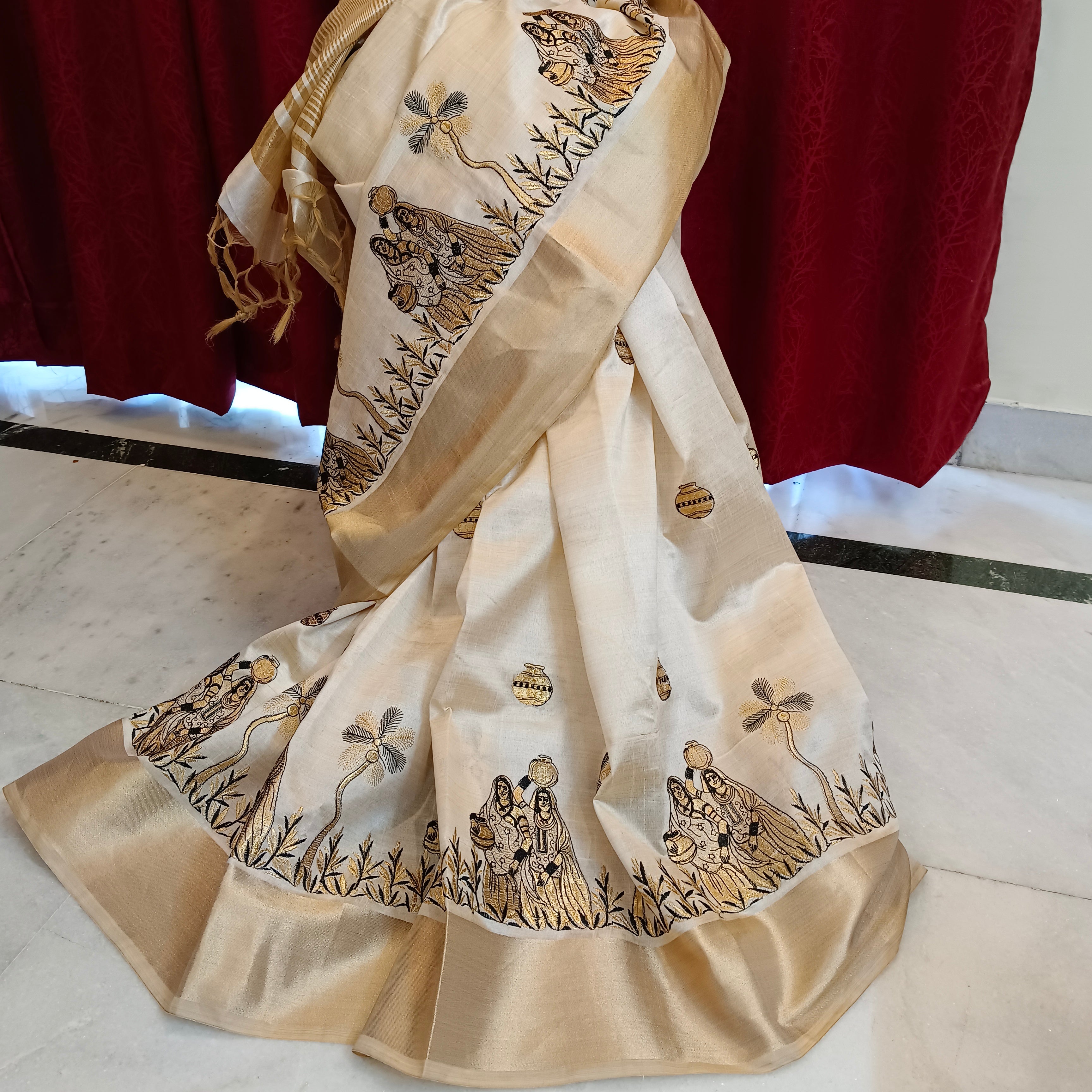 Muga silk sari with beautiful work and matka design golden border saree