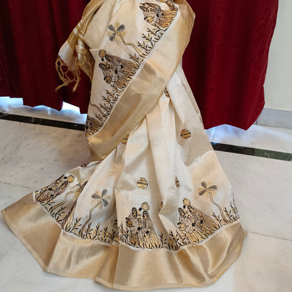 Muga silk sari with beautiful work and matka design golden border saree