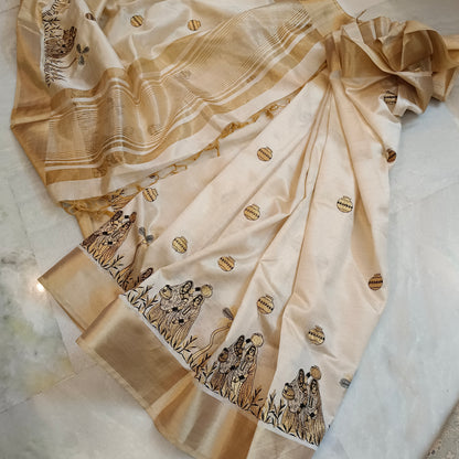 Muga silk sari with beautiful work and matka design golden border saree