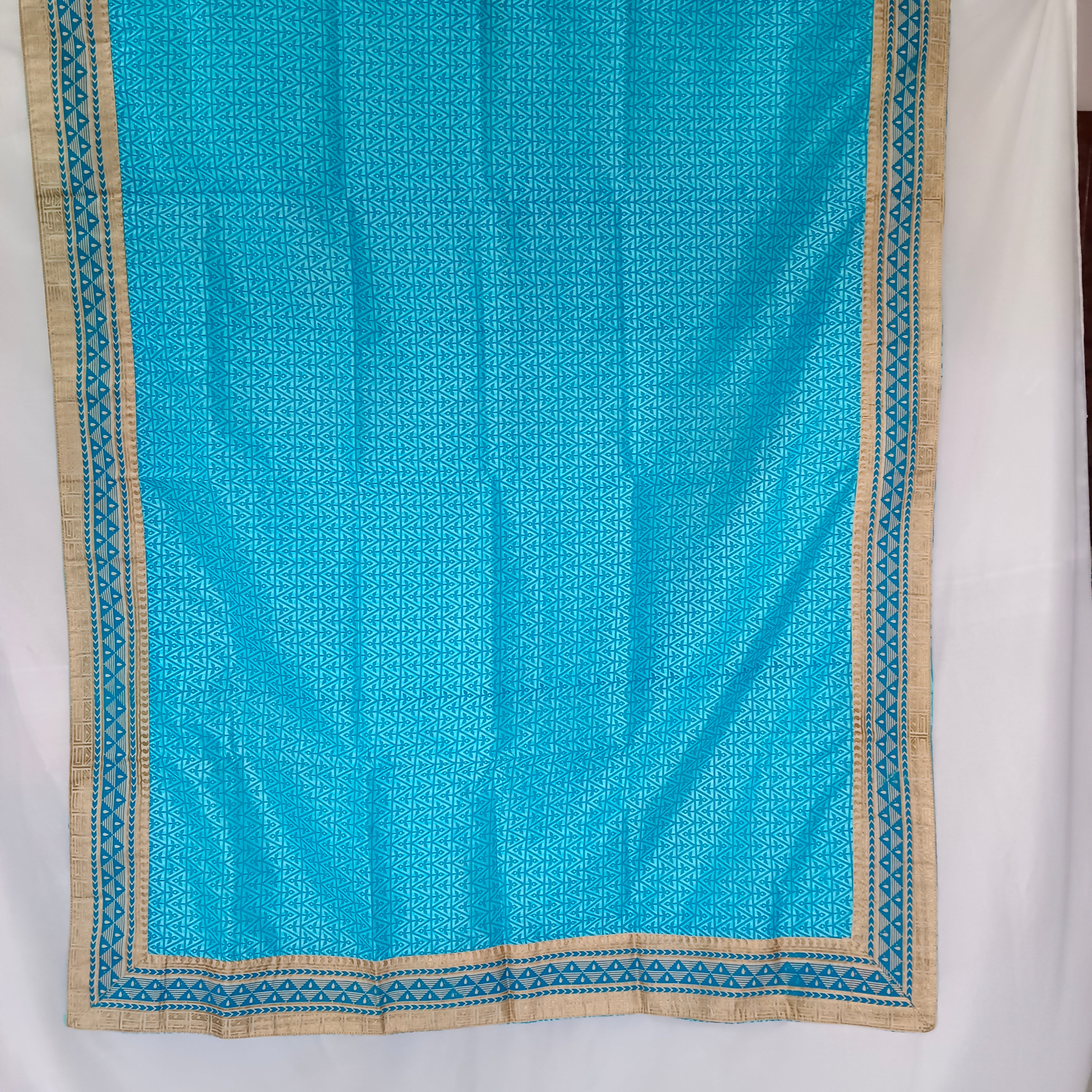 Sky Blue & Golden Border Cotton Saree/Sari