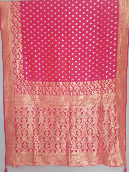 Soft Silk Dark Pink & Golden Zari Border Swarovski Work with Booti/Unstitched Blouse