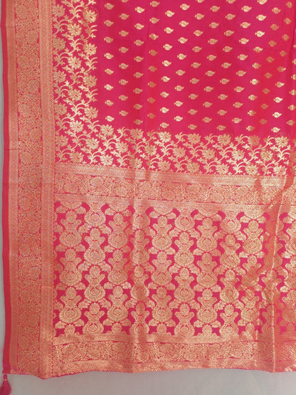 Soft Silk Dark Pink & Golden Zari Border Swarovski Work with Booti/Unstitched Blouse