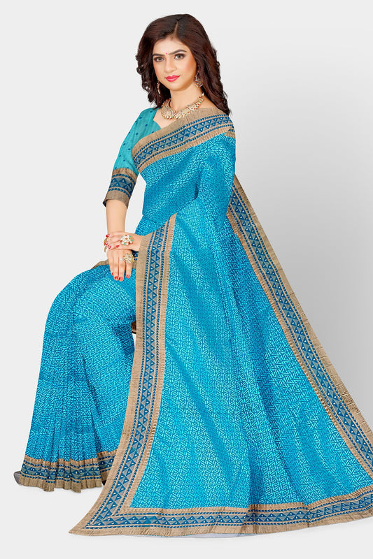 Sky Blue & Golden Border Cotton Saree/Sari