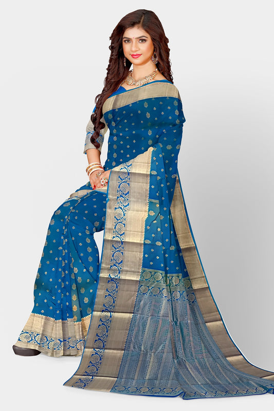 Saree Kanjivaram Pure silk Blue Sari wedding partywear