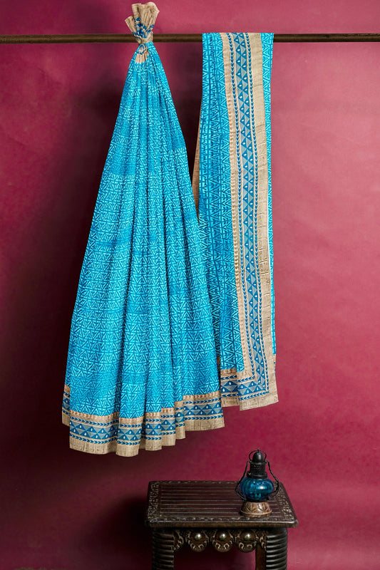 Sky Blue & Golden Border Cotton Saree/Sari