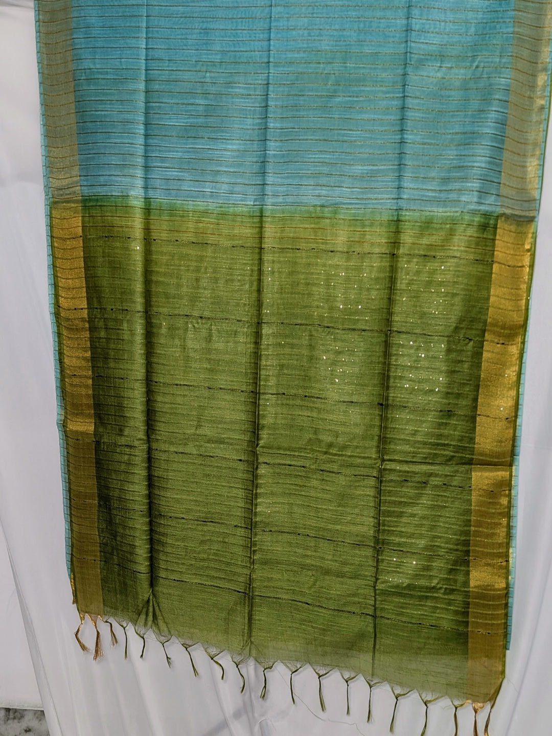 Turquoise Blue and Olive Green Tussar silk sarees
