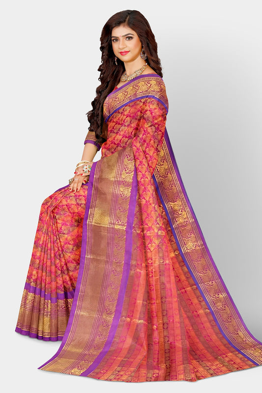 Pattu Mix Silk Saree Wedding party Indian Sari Carrot Pink Golden