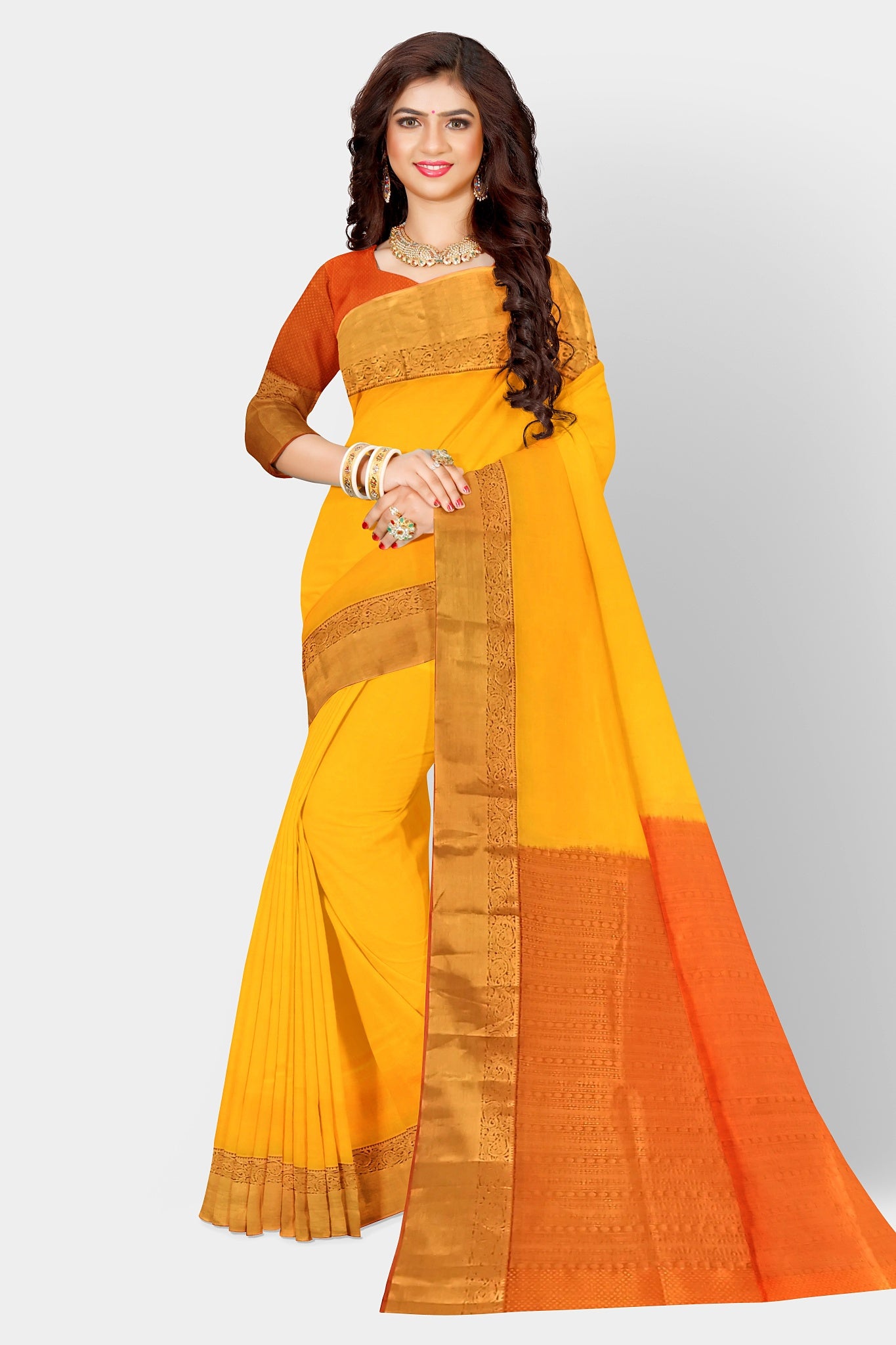 Kanjivaram Slik Saree Golden Border And Pure Silk Yellow Sari
