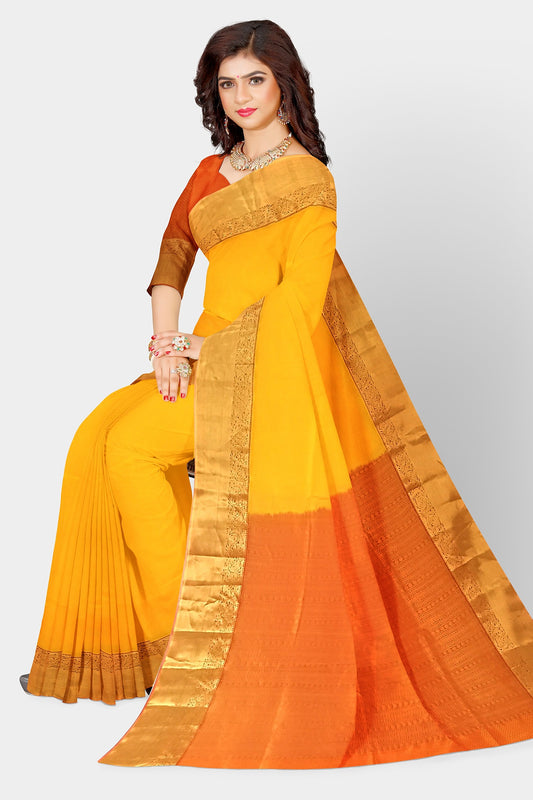 Kanjivaram Slik Saree Golden Border And Pure Silk Yellow Sari