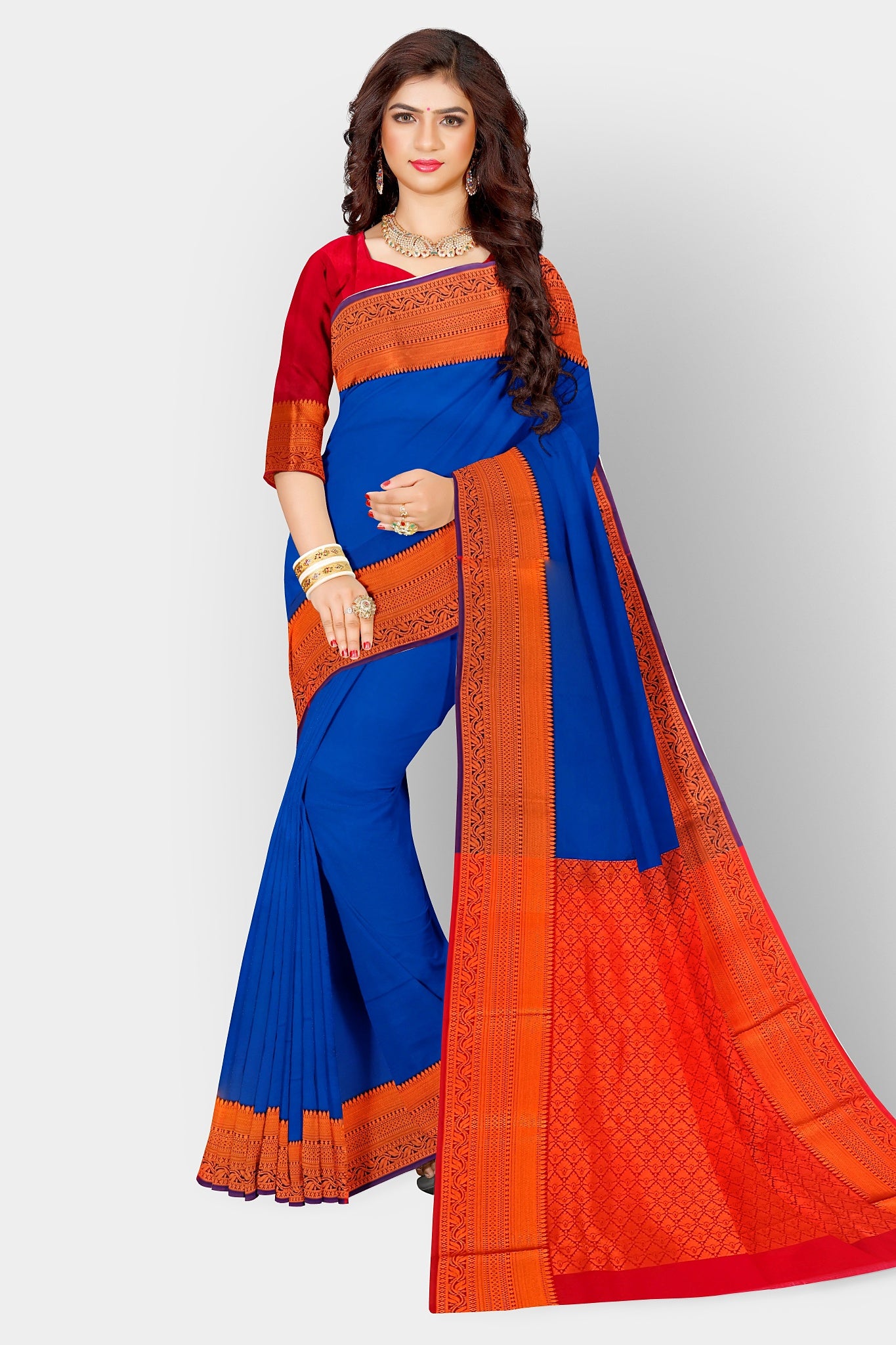 Women's Soft Silk Golden Border Blue Saree Kanjivaram Style Sari