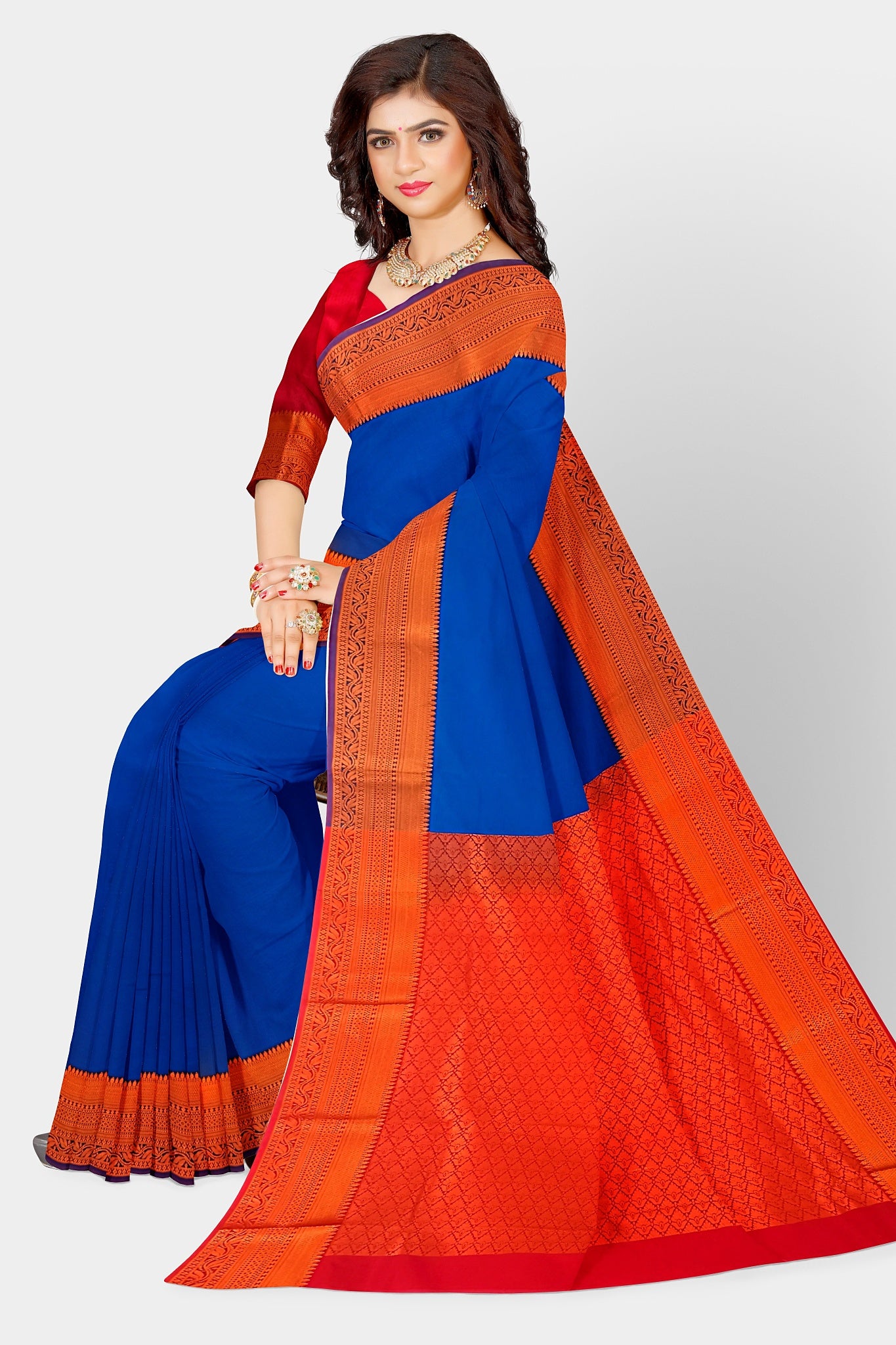 Women's Soft Silk Golden Border Blue Saree Kanjivaram Style Sari