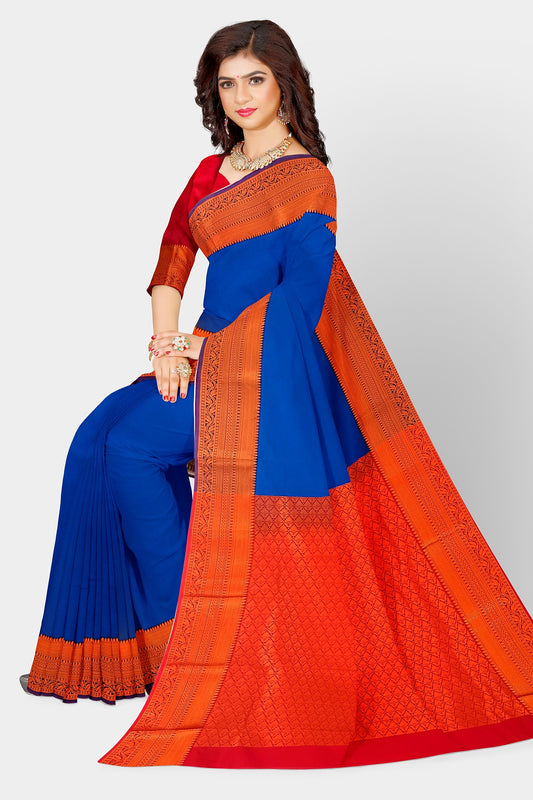 Women's Soft Silk Golden Border Blue Saree Kanjivaram Style Sari