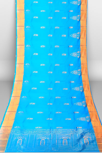 Women's Kanjivaram Soft Silk Saree Golden Border Firozee Sari