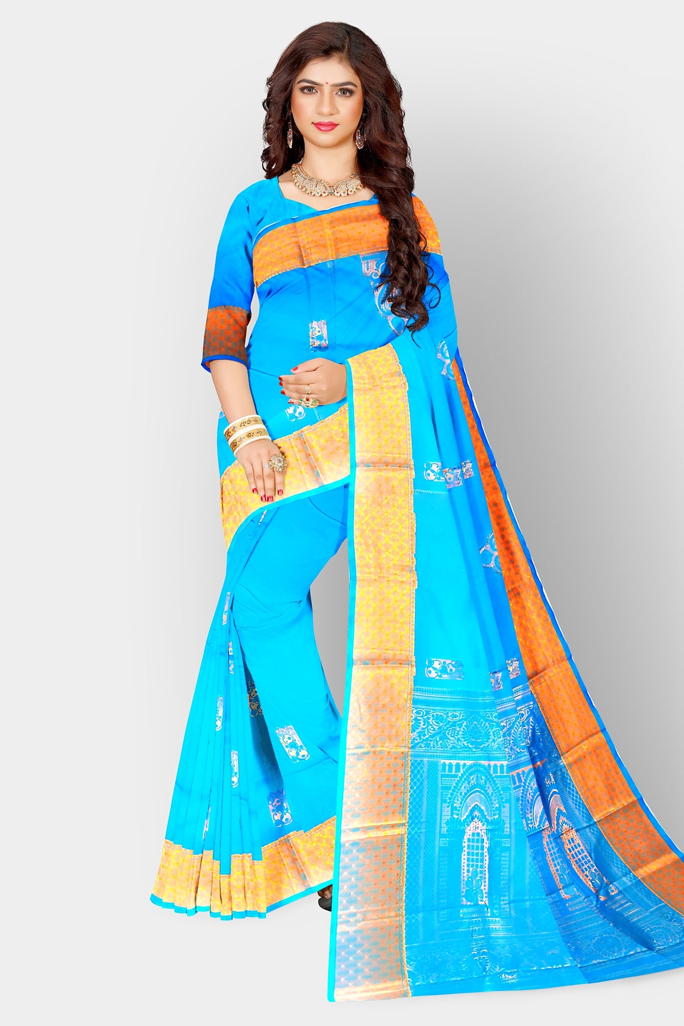 Women's Kanjivaram Soft Silk Saree Golden Border Firozee Sari