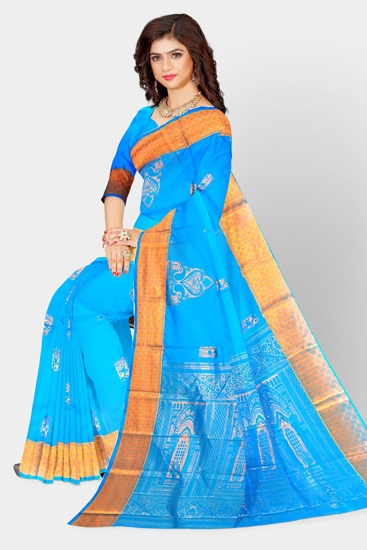 Women's Kanjivaram Soft Silk Saree Golden Border Firozee Sari