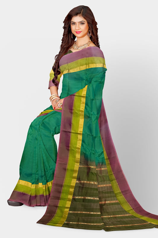 Women's Soft Silk Yellow/Pink Border Green Saree Kanjivaram Style Sari