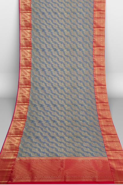 Kanjivaram Silk Red &amp; Grey Weaved Golden Saree Wedding Partywear&nbsp;