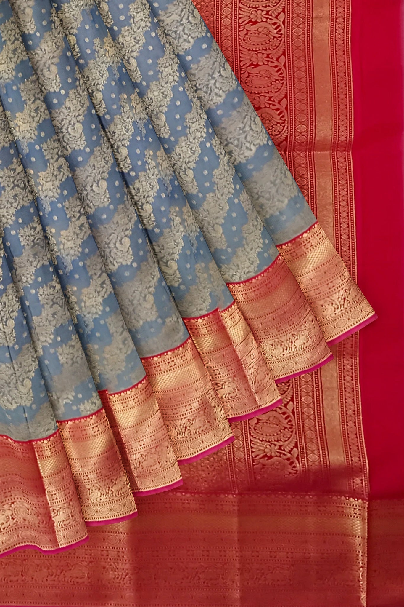 Kanjivaram Silk Red &amp; Grey Weaved Golden Saree Wedding Partywear&nbsp;