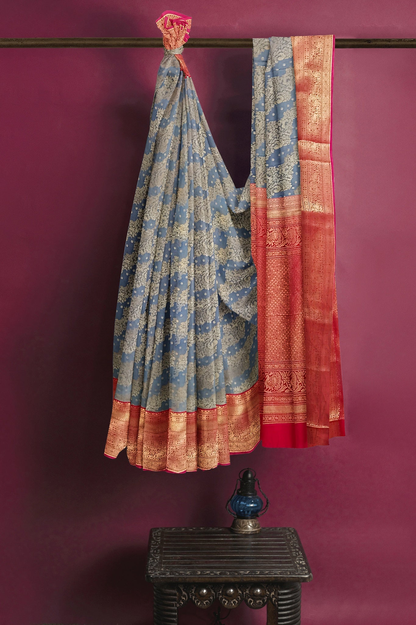 Kanjivaram Silk Red &amp; Grey Weaved Golden Saree Wedding Partywear&nbsp;