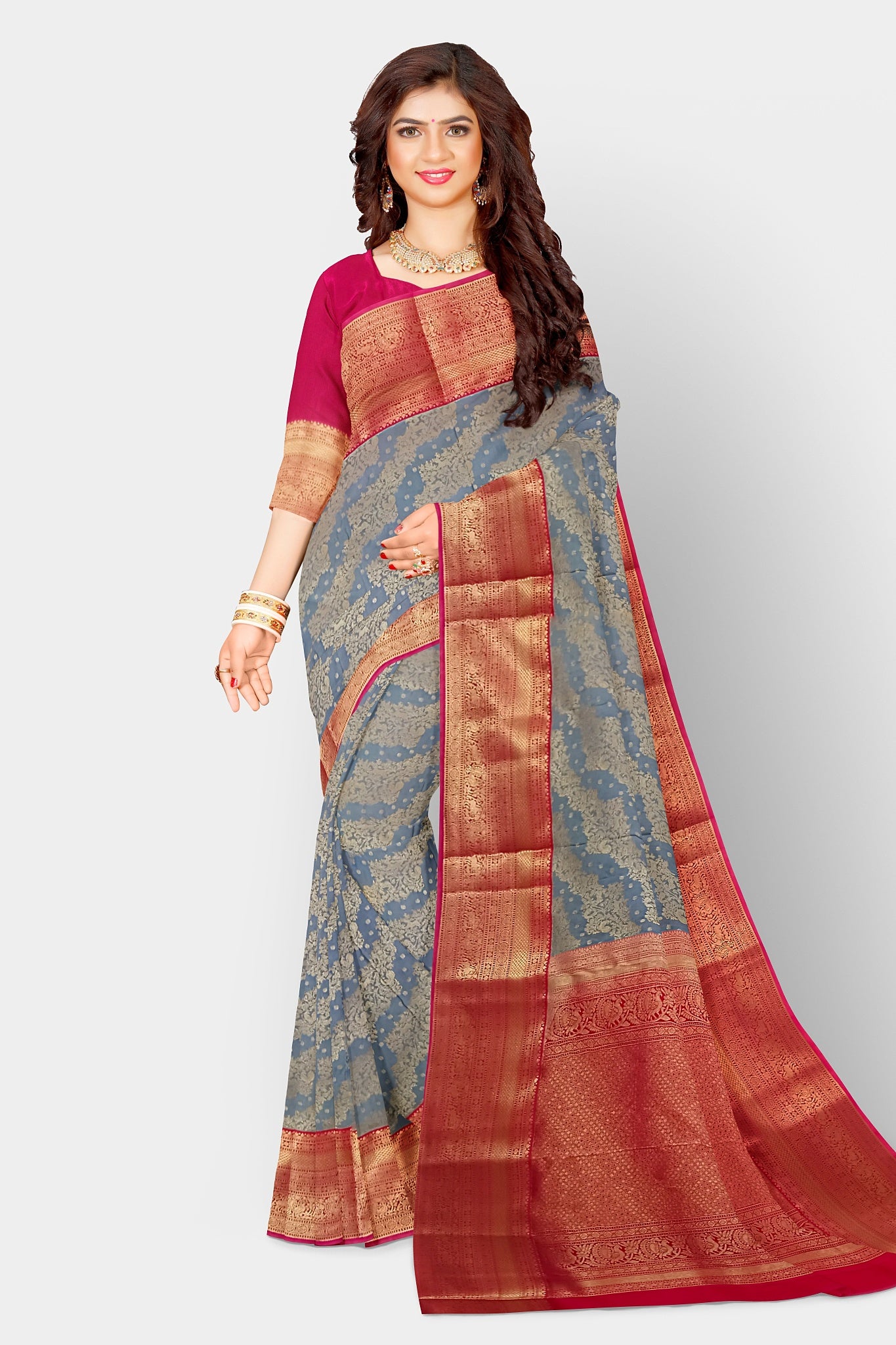 Kanjivaram Silk Red &amp; Grey Weaved Golden Saree Wedding Partywear&nbsp;
