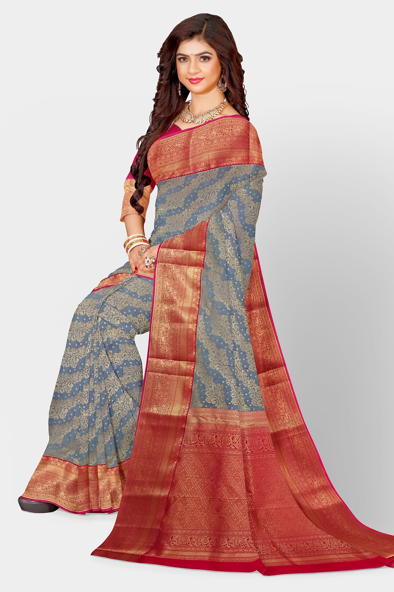 Kanjivaram Silk Red &amp; Grey Weaved Golden Saree Wedding Partywear&nbsp;