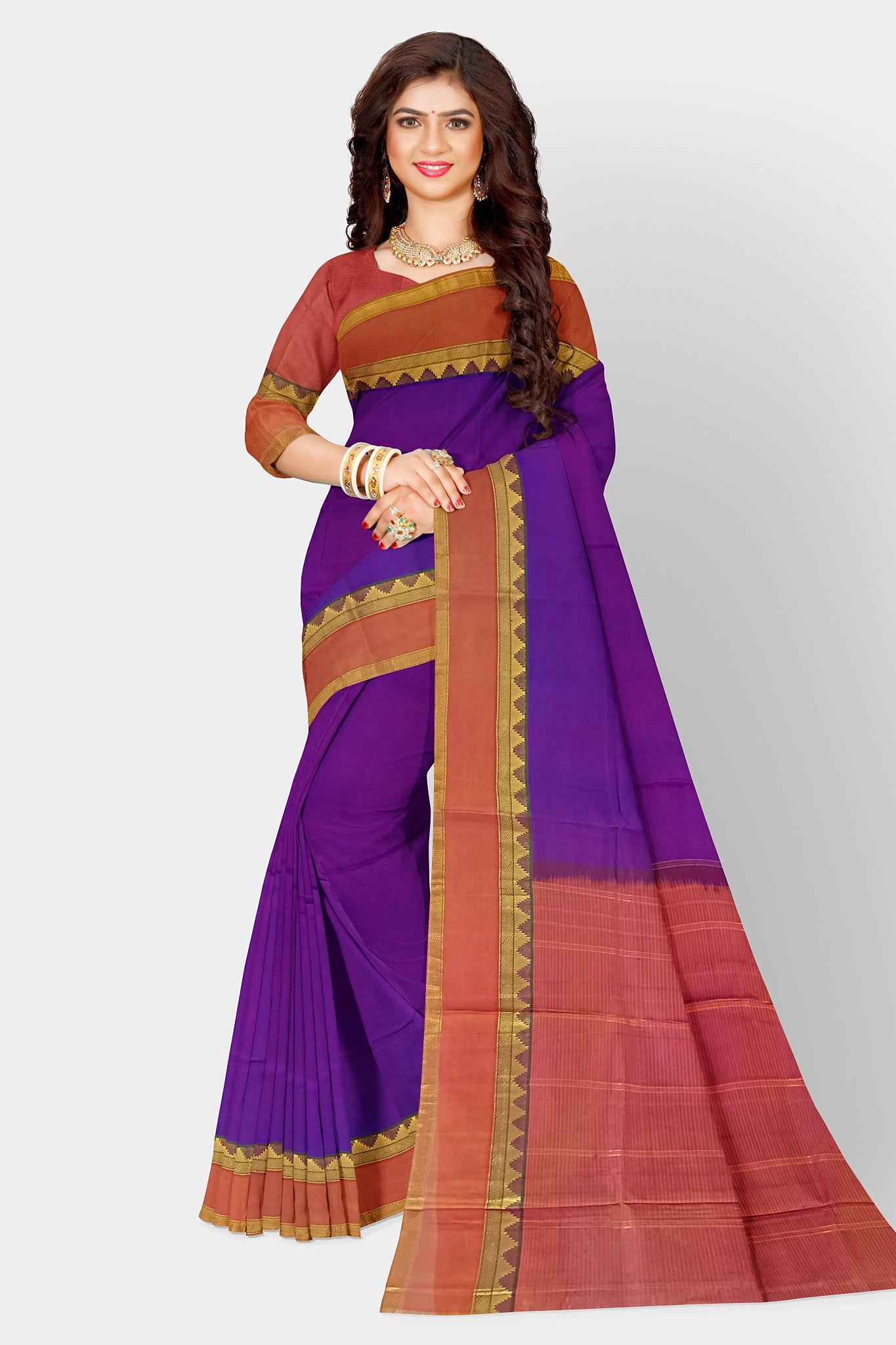 Saree Pure silk purple violet Golden Sari wedding partywear kanjivaram style