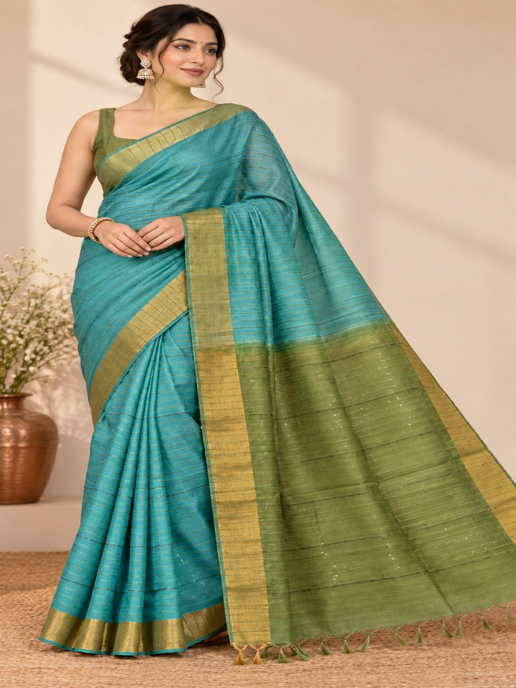 Turquoise Blue and Olive Green Tussar silk sarees