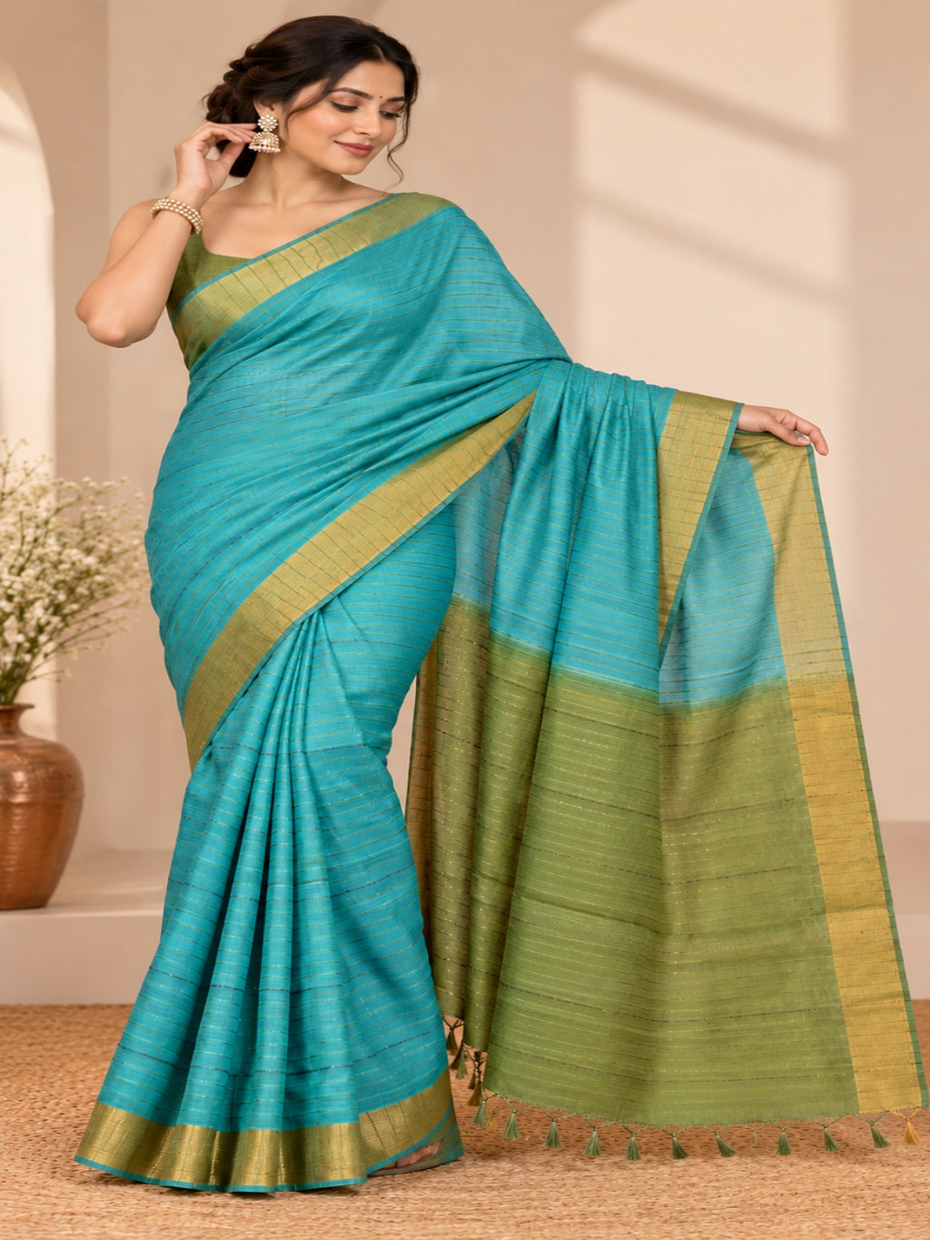 Turquoise Blue and Olive Green Tussar silk sarees