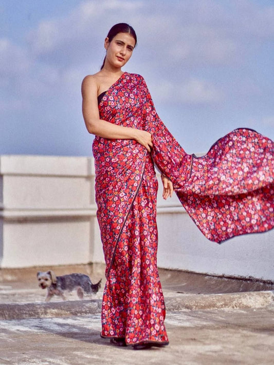 Red Saree Black Blouse Satin Saree Digital Print Unstitched Blouse Sari