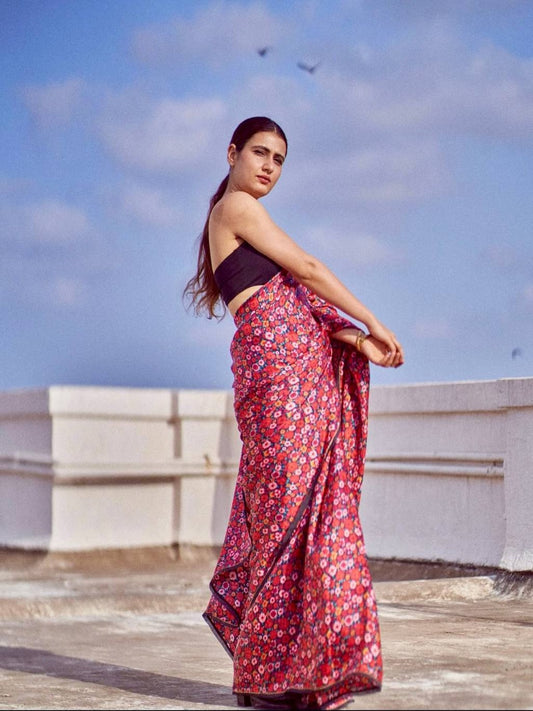 Red Saree Black Blouse Satin Saree Digital Print Unstitched Blouse Sari