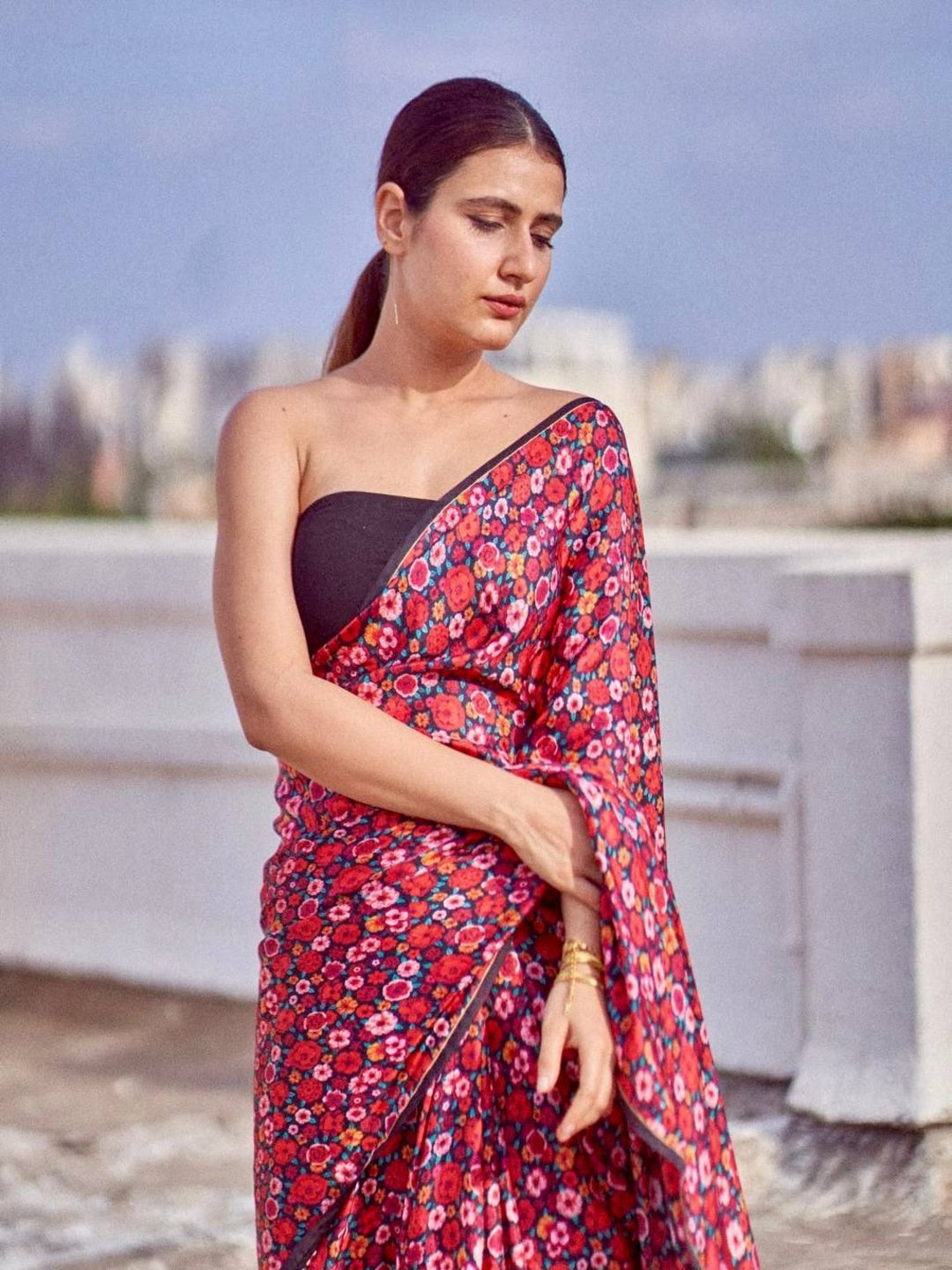 Red Saree Black Blouse Satin Saree Digital Print Unstitched Blouse Sari