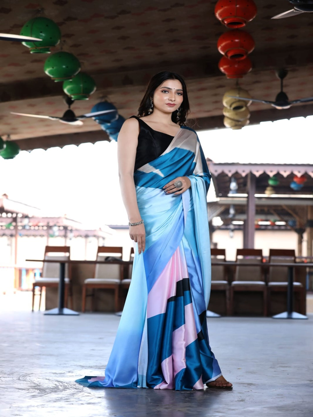 Japan Satin Multicolor Saree Digital Print Unstitched Blouse Sari