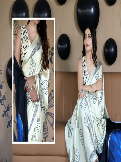 Japan Satin Digital Print Multicolor Saree/Unstitched Blouse