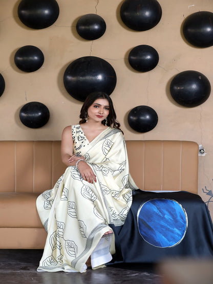 Japan Satin Digital Print Multicolor Saree/Unstitched Blouse