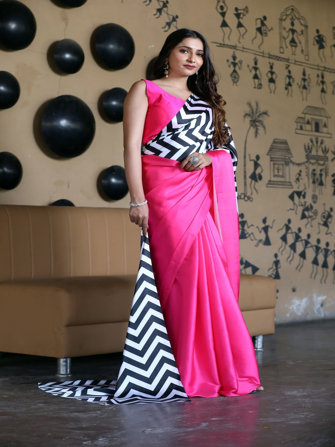 Pink & Black Satin Saree Digital Print Unstitched Blouse Sari