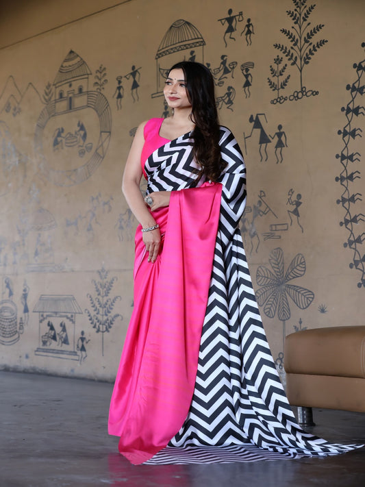 Pink & Black Satin Saree Digital Print Unstitched Blouse Sari
