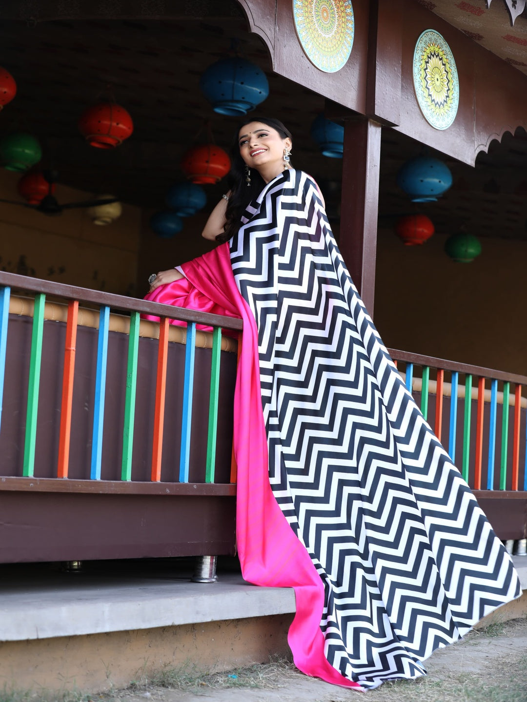 Pink & Black Satin Saree Digital Print Unstitched Blouse Sari
