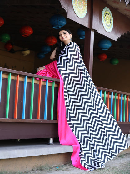 Pink & Black Satin Saree Digital Print Unstitched Blouse Sari