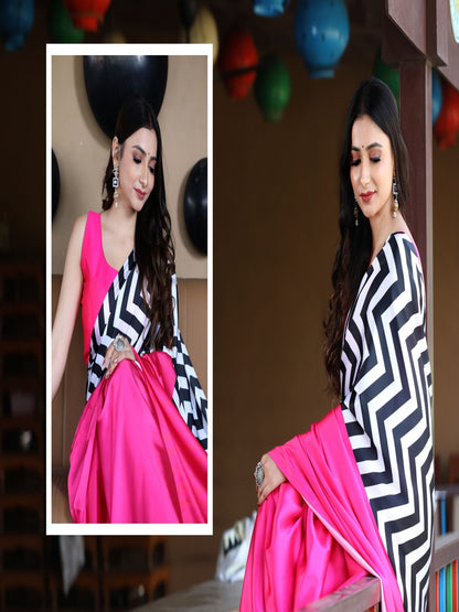 Pink & Black Satin Saree Digital Print Unstitched Blouse Sari