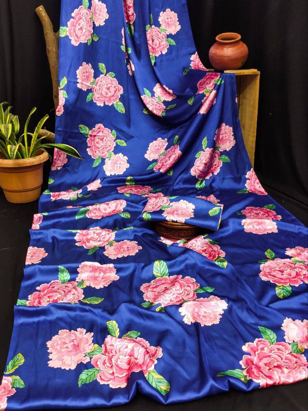 Floral Blue Satin Digital Print Saree/Unstitched Blouse Sari