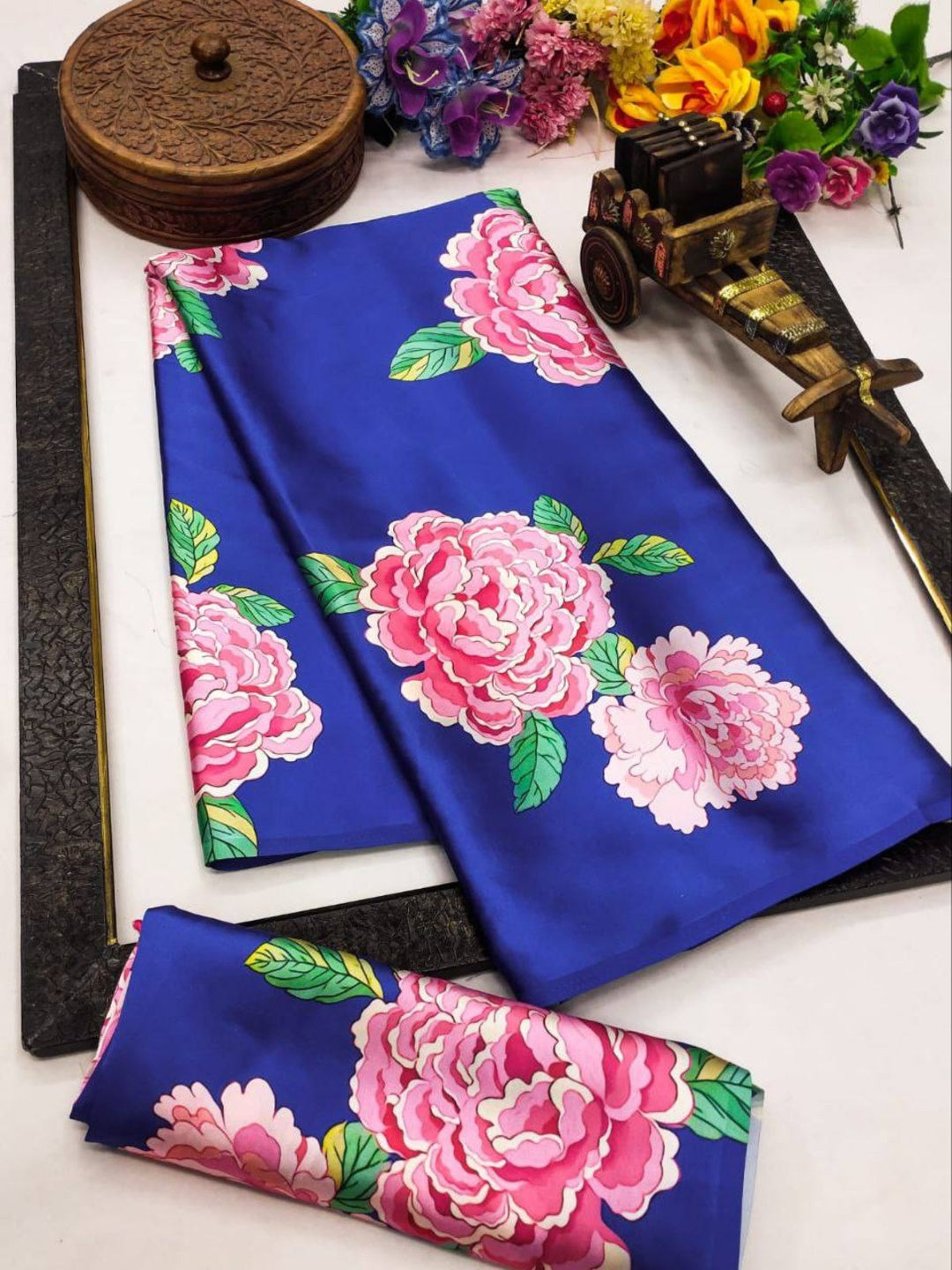 Floral Blue Satin Digital Print Saree/Unstitched Blouse Sari