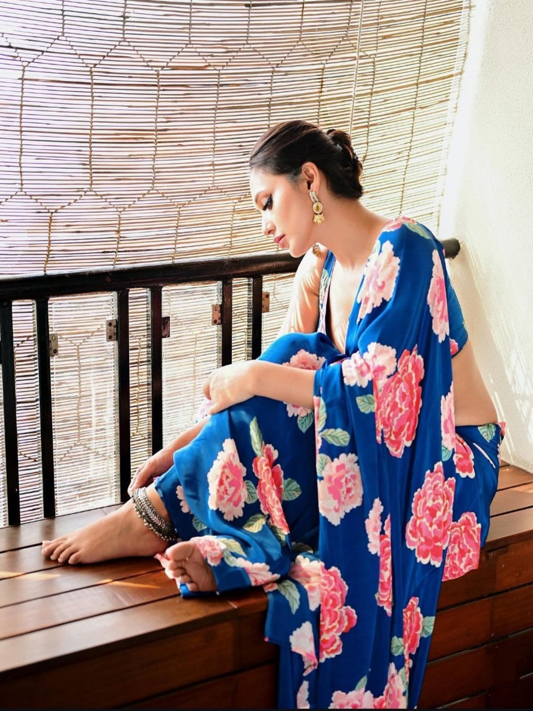 Floral Blue Satin Digital Print Saree/Unstitched Blouse Sari